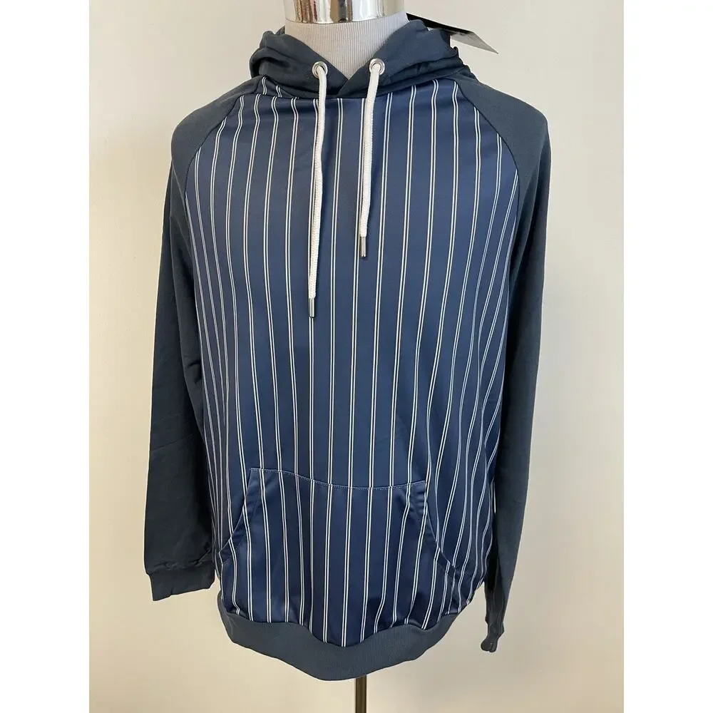 Boohoo Hoodie Mens Medium Pullover Sweatshirt Striped Blue Long Sleeve N14